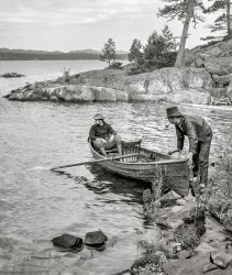 1904. "Off for a fishing trip. Whitefish Bay, Ontario." 8x10 inch dry plate glass negative, Detroit Photographic Company. View full size.