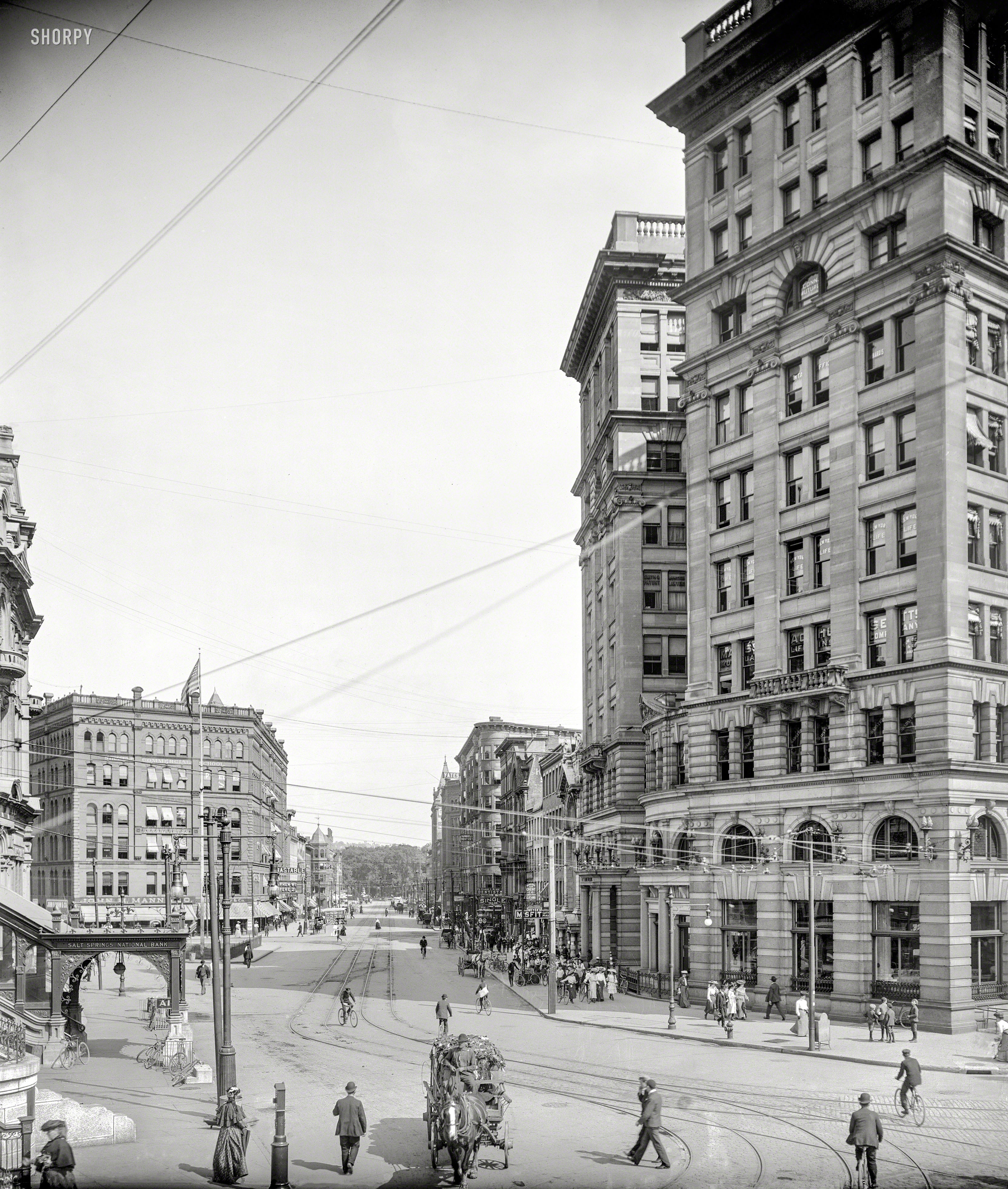 Syracuse, New York, circa 1904. "Genesee Street." Early-1900s standbys include the usual assortment of painless dentists, and a "Misfit" clothing parlor. 8x10 inch dry plate glass negative, Detroit Publishing Company. View full size.