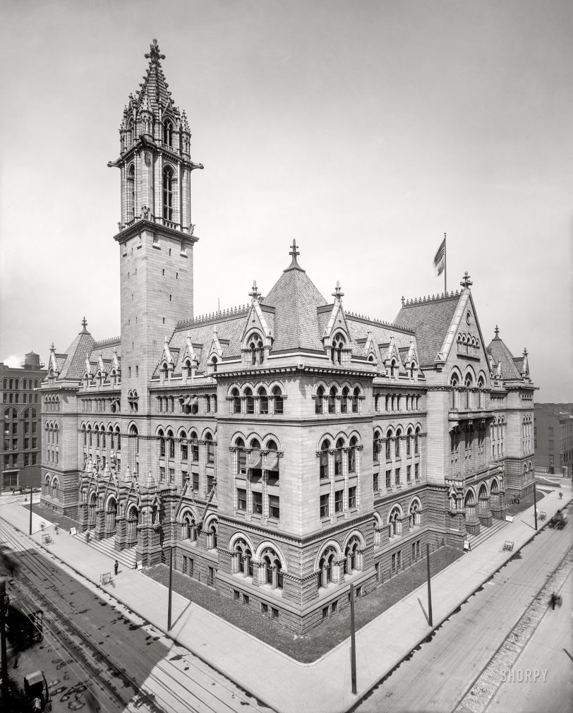 Buffalo, New York, circa 1905. "Post Office on Ellicott Street." Note the numerous gargoyles. 8x10 inch dry plate glass negative, Detroit Publishing Company. View full size.
