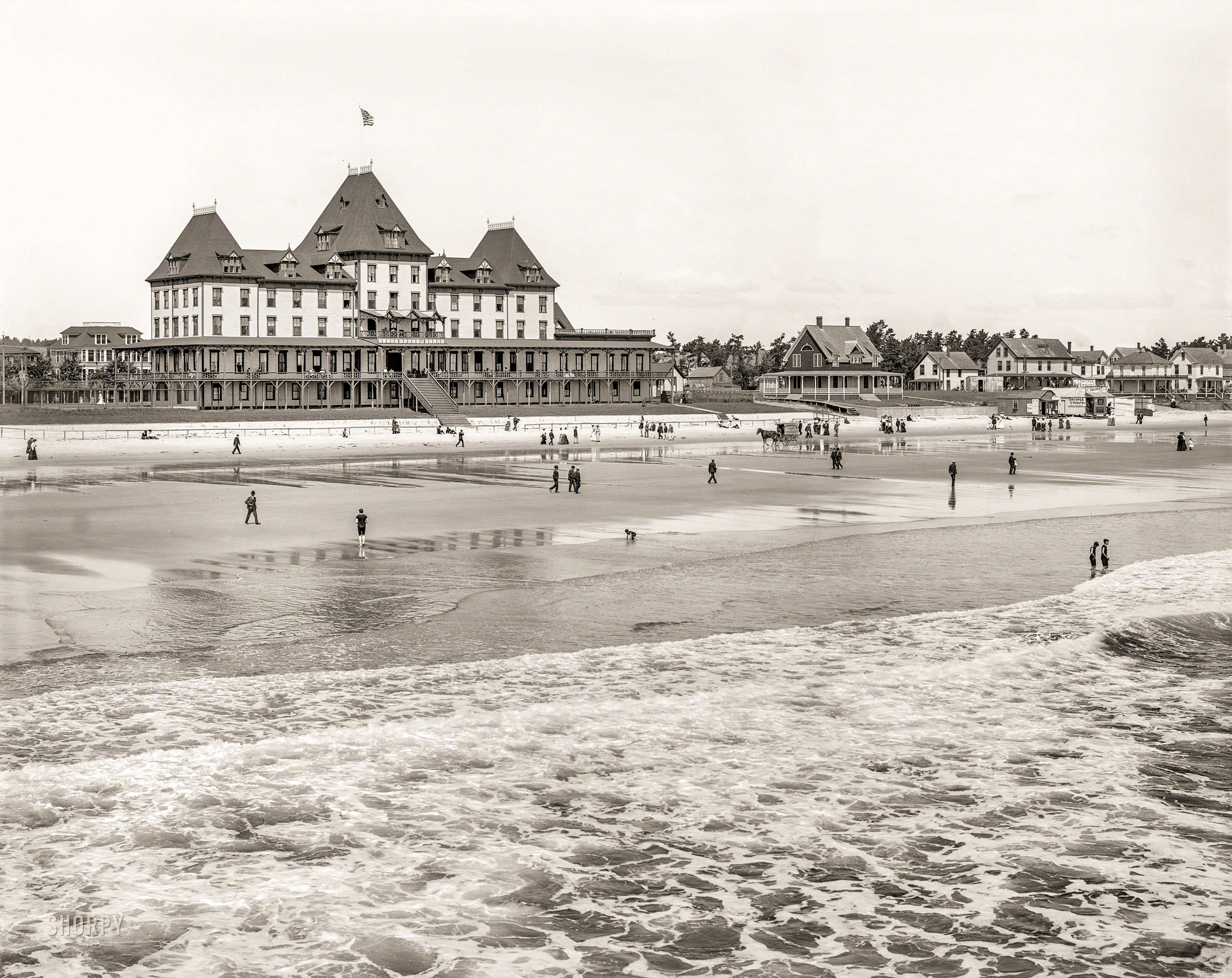 Circa 1904. "Fiske House and beach, Old Orchard, Maine." Reduced to ashes along with 16 other hotels in the Great Fire of August 15, 1907. 8x10 inch dry plate glass negative, Detroit Publishing Company. View full size.