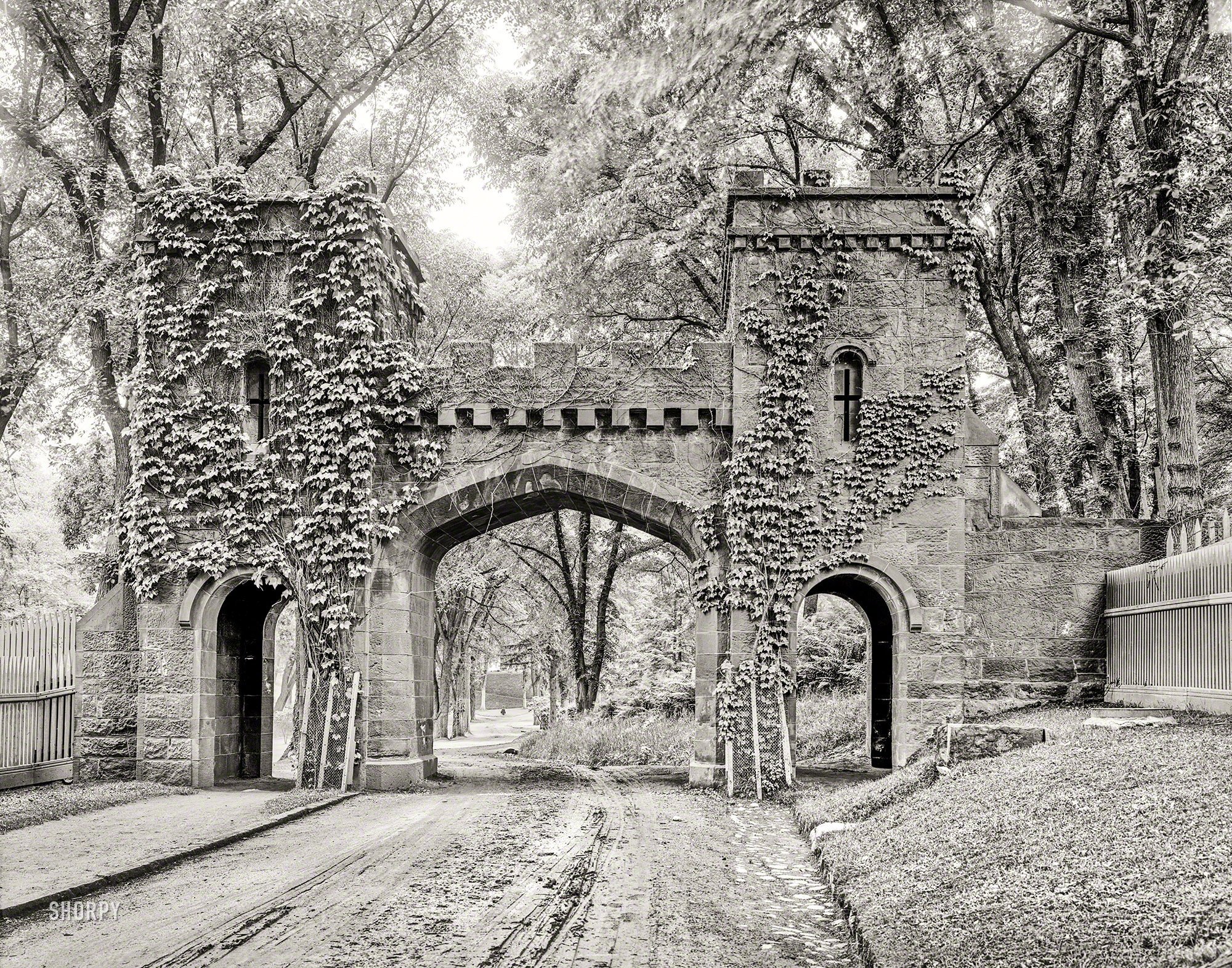 Circa 1905. "Main entrance to cemetery, Springfield, Mass." 8x10 inch dry plate glass negative, Detroit Photographic Company. View full size.