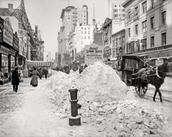 New York, 1905. "Piles of snow on Broadway after storm." Funny-sign photobomb! 8x10 inch dry plate glass negative, Detroit Publishing Company. View full size.