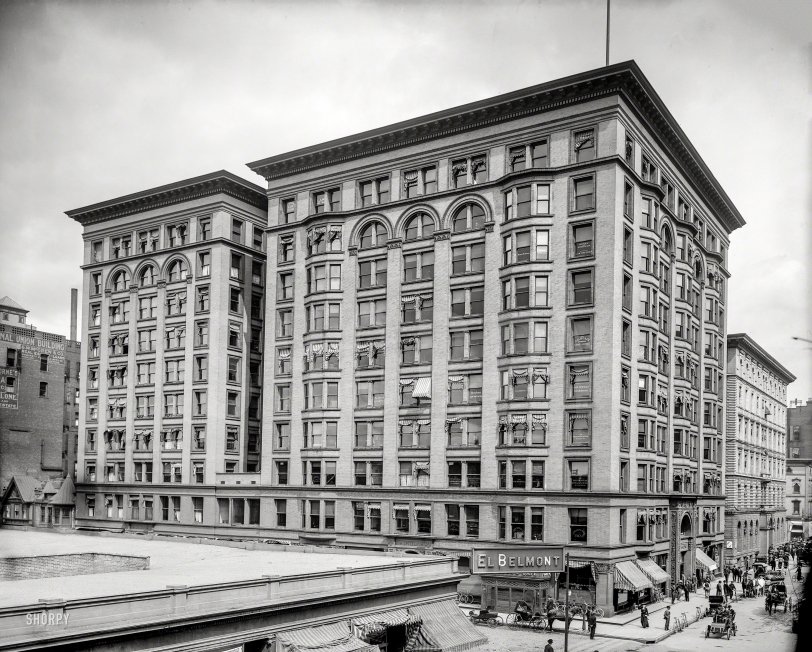 "Spitzer Building, Madison Avenue, Toledo, 1905." The former hub of downtown Toledo's legal community, this red-brick edifice completed in the 1890s is now vacant and in disrepair. 8x10 inch glass negative. View full size.
