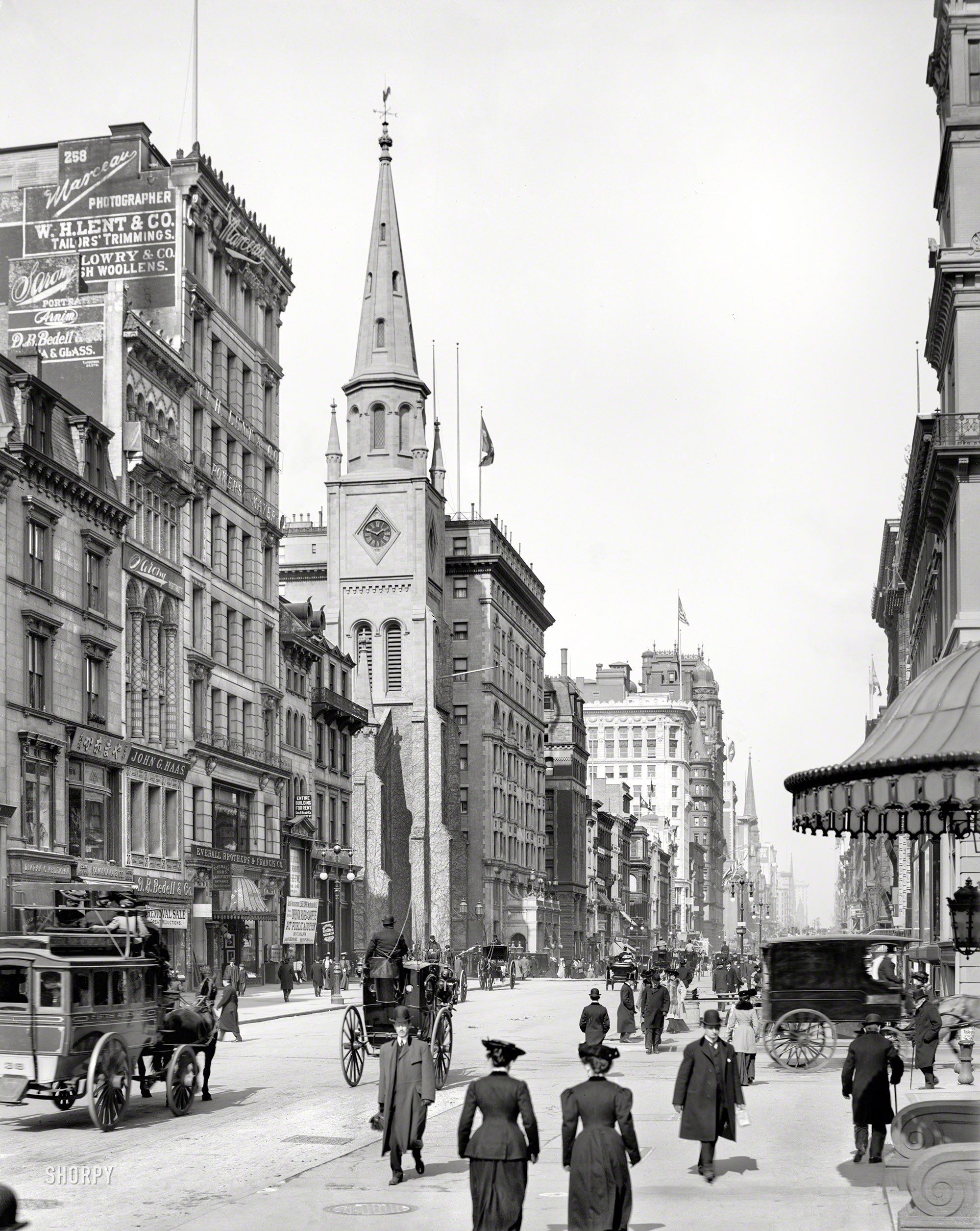 New York circa 1905. "Up Fifth Avenue from 28th Street." With a view of Marble Collegiate Church. 8x10 glass negative, Detroit Publishing Co. View full size.