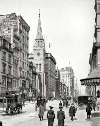 New York circa 1905. "Up Fifth Avenue from 28th Street." With a view of Marble Collegiate Church. 8x10 glass negative, Detroit Publishing Co. View full size.