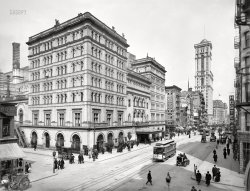 New York, 1905. "Metropolitan Opera House, 39th Street and Broadway." And down the street, the new New York Times building. 8x10 inch glass negative. View full size.