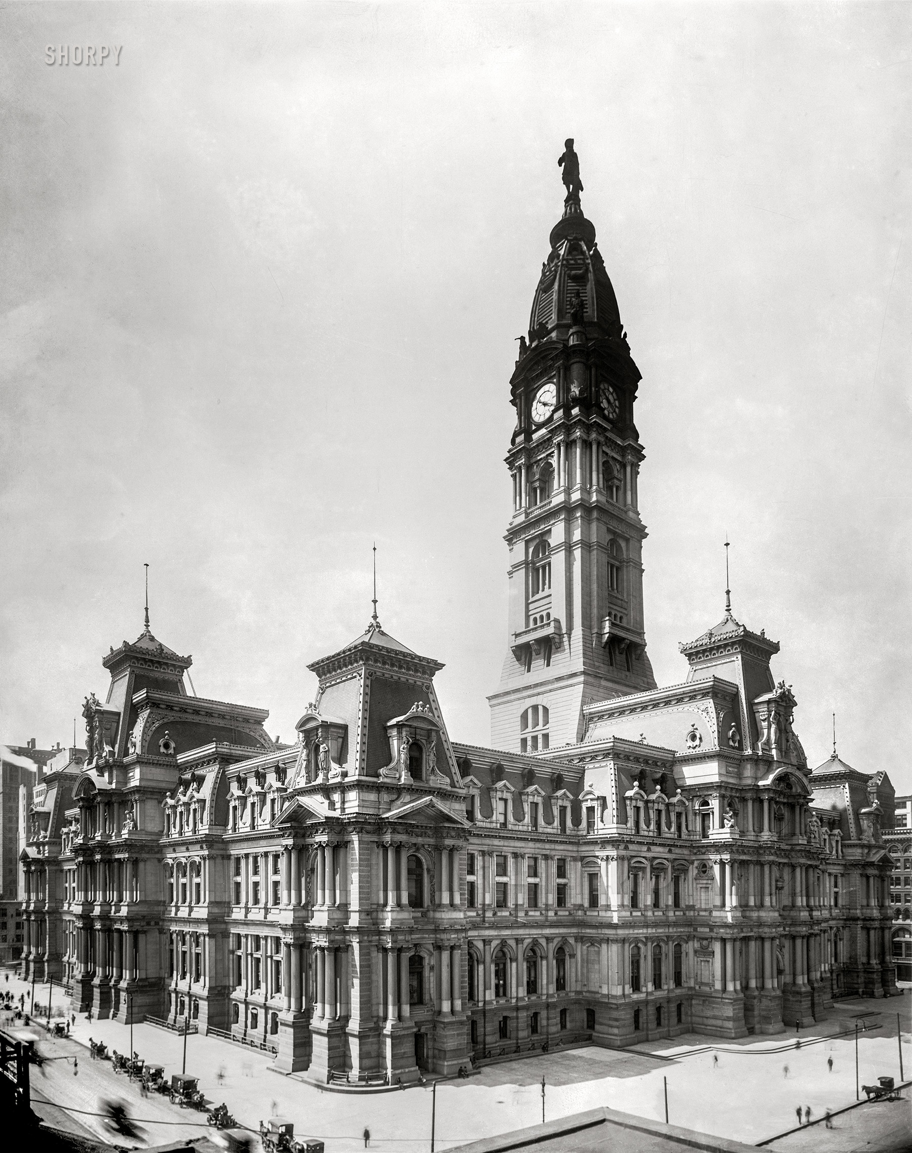 Circa 1905. "City Hall -- Philadelphia, Pa." The largest municipal building in the United States, City Hall is topped by a 26-ton statue of William Penn. 8x10 inch glass negative. View full size.