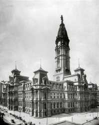 Circa 1905. "City Hall -- Philadelphia, Pa." The largest municipal building in the United States, City Hall is topped by a 26-ton statue of William Penn. 8x10 inch glass negative. View full size.