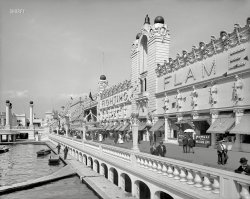 New York circa 1905. "Fighting the Flames, Dreamland, Coney Island." The exterior of this thrilling attraction. 8x10 glass negative. View full size.