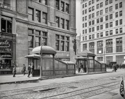 Circa 1905. "Subway entrance and exit kiosks, East 23rd Street, New York City." 8x10 inch dry plate glass negative, Detroit Publishing Company. View full size.