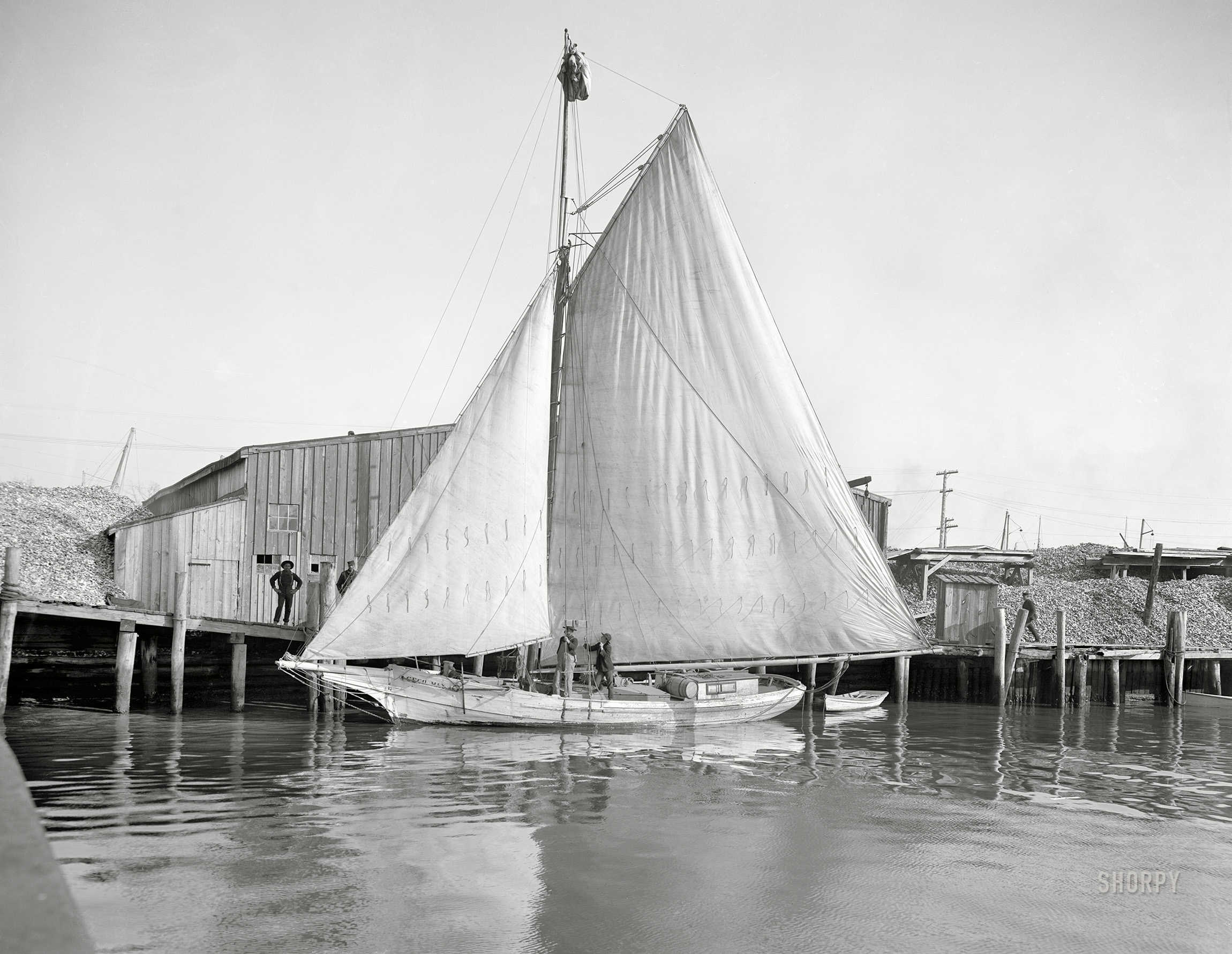 Circa 1905. "An oyster lugger (probably in Virginia)." 8x10 inch dry plate glass negative, Detroit Publishing Company. View full size.