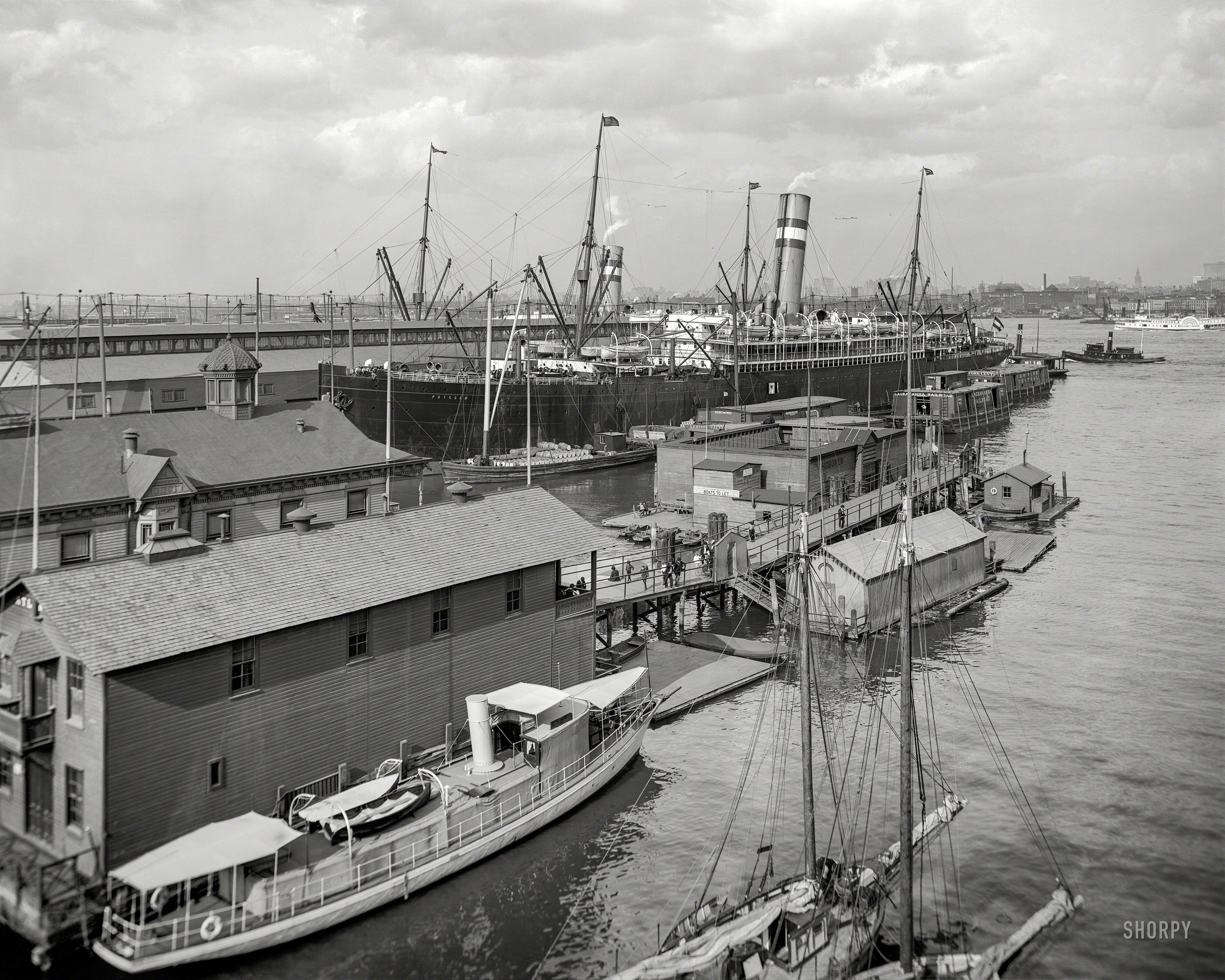 1905. "Holland America line piers, Hoboken, N.J." Points of interest include the Hoboken Public Bath at center and S.S. Potsdam. 8x10 inch dry plate glass negative, Detroit Publishing Company. View full size.