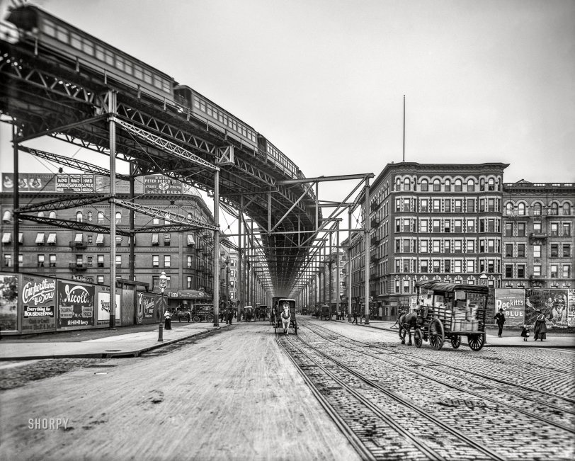 New York City circa 1905. "The Elevated, Eighth Avenue and W. 110th Street." 8x10 inch dry plate glass negative, Detroit Publishing Company. View full size.