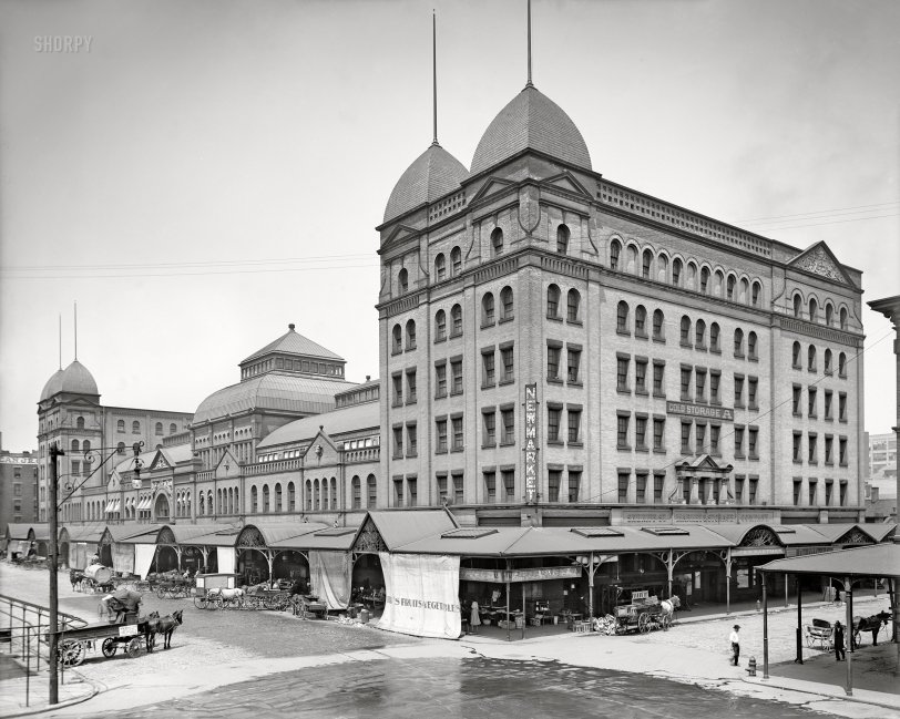 1905. "Sheriff Street Market, Cleveland, O." Offering fruits, vegetables and a plenitude of pigeons. 8x10 inch dry plate glass negative, Detroit Publishing Company. View full size.
