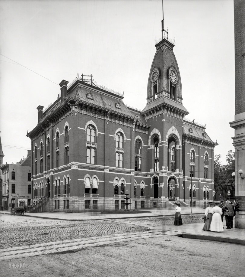 1905. "City Hall -- Troy, New York." This 1875 building, designed by Marcus Cummings and constructed on the old Third Street burial ground, was destroyed by fire in 1938. 8x10 inch dry plate glass negative. View full size.
