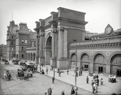 Boston, Massachusetts, circa 1905. "North Station [Union Station]." Frozen forever at 10:40 a.m. 8x10 inch dry plate glass negative, Detroit Publishing Company. View full size.