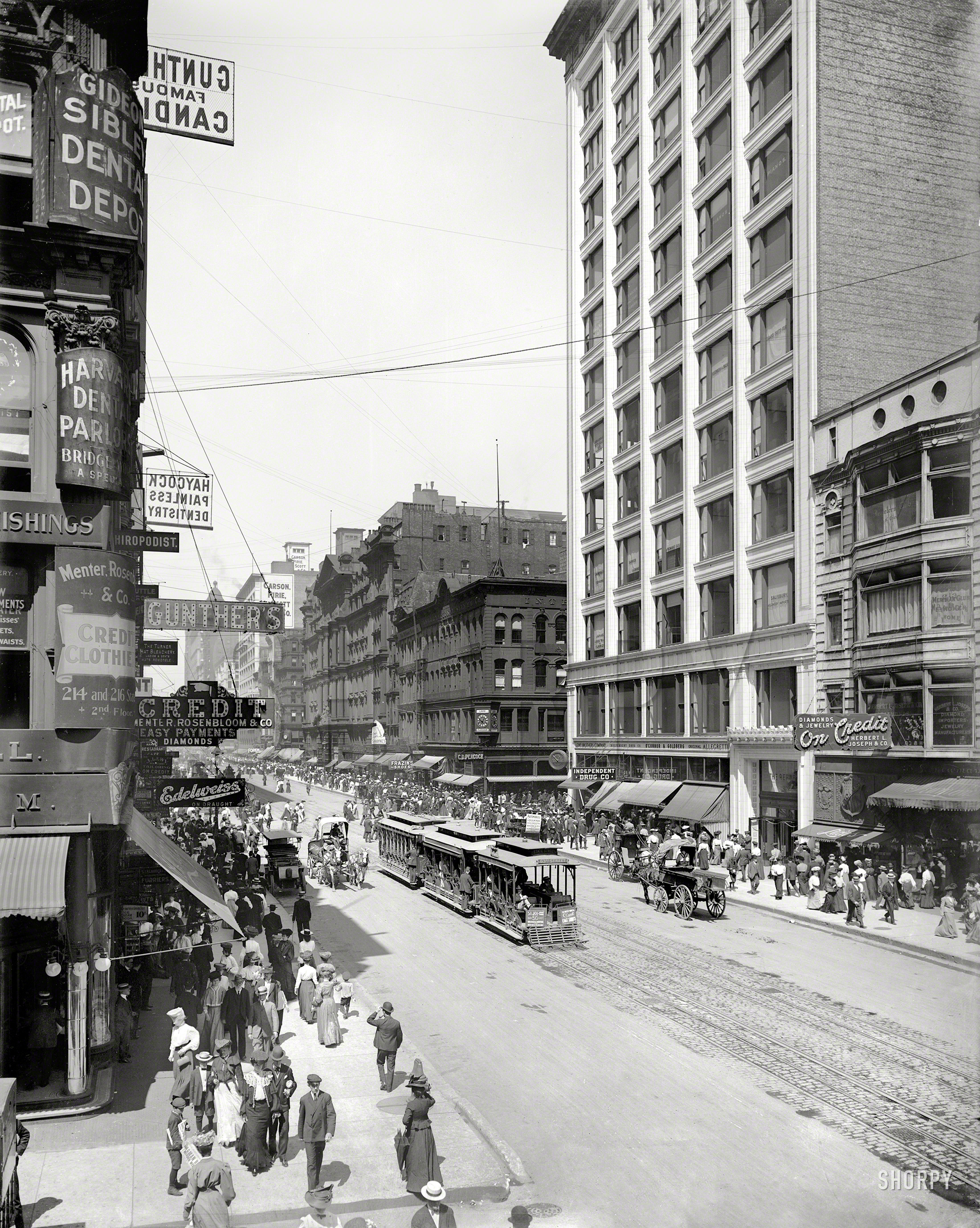 November 27, 1905. "Chicago -- State Street looking toward Adams." This dental nerve center of the Windy City advertises the services of Haycock Painless Dentistry, the Harvard Dental Parlors and, not to be outdone in branding, the Gideon Sibley Dental Depot. 8x10 inch dry plate glass negative. View full size.