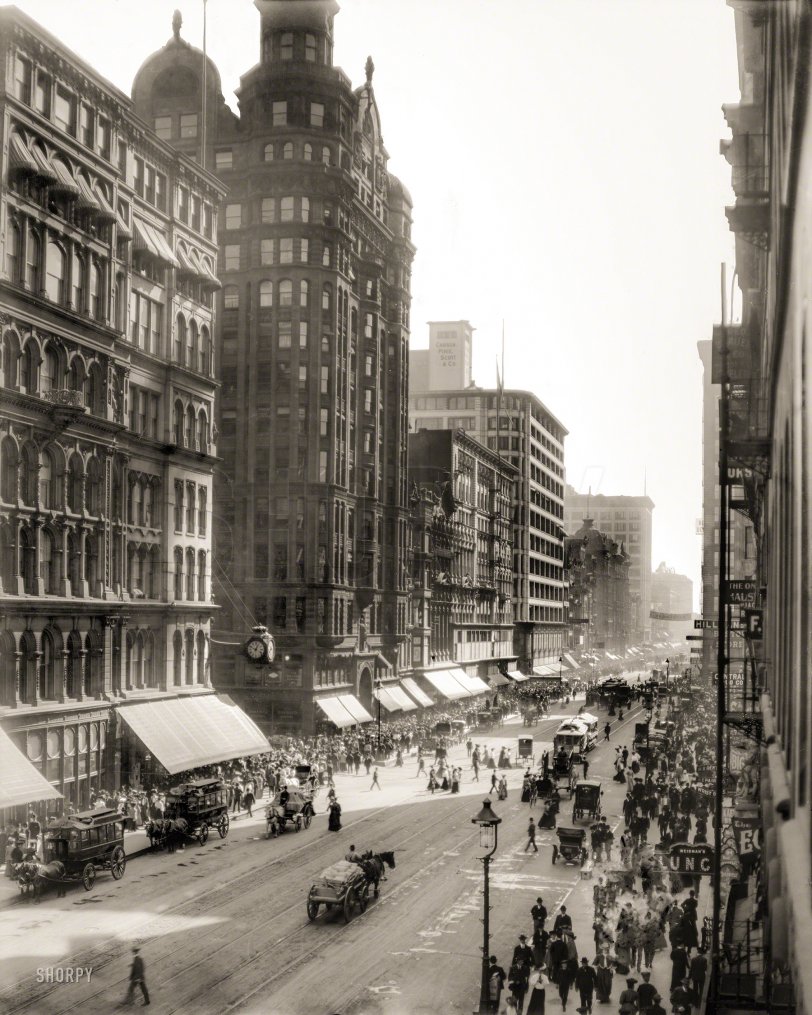 "State Street, Chicago, 1905." At the corner of Hustle and Bustle. 8x10 inch dry plate glass negative, Detroit Publishing Company. View full size.
