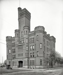 Circa 1906. "State National Guard Armory, Worcester, Mass." 8x10 inch dry plate glass negative, Detroit Publishing Company. View full size.
Mostly There. Mostly. And still impressive. I wonder what happened to that interesting tower?
View Larger Map
Man the parapets!Visigoths are attacking Worcester!
(The Gallery, Cars, Trucks, Buses, DPC)