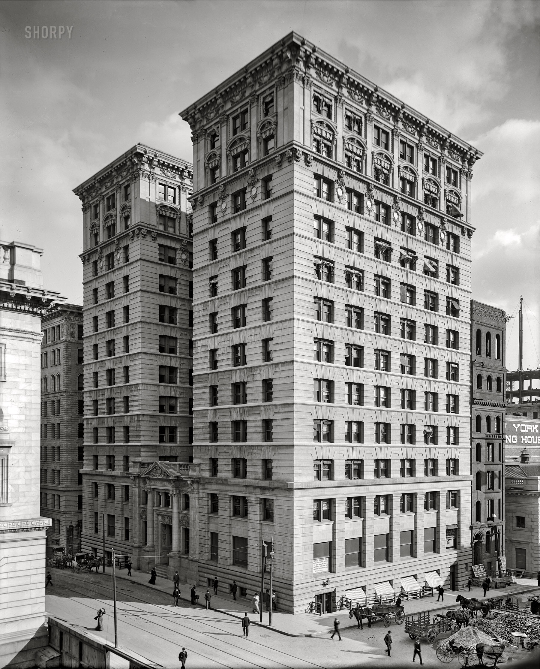 Baltimore circa 1906. "The Calvert Building, Fayette and St. Paul Streets." Completed in 1901; demolished in 1971. 8x10 inch glass negative, Detroit Publishing Company. View full size.