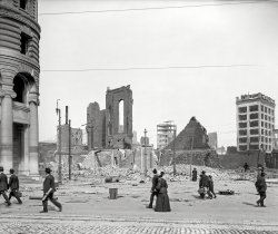 "Post and Montgomery streets, corner of Market." Another view of San Francisco after the devastating earthquake and fire of April 1906. 8x10 inch dry plate glass negative, Detroit Publishing Company. View full size.