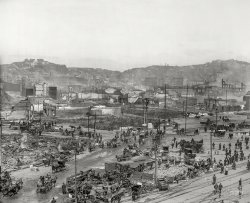 "Russian and Telegraph hills from roof of Ferry P.O., San Francisco." Another view of the devastation wrought by the earthquake and fire of April 1906. 8x10 inch dry plate glass negative, Detroit Publishing Company. View full size.