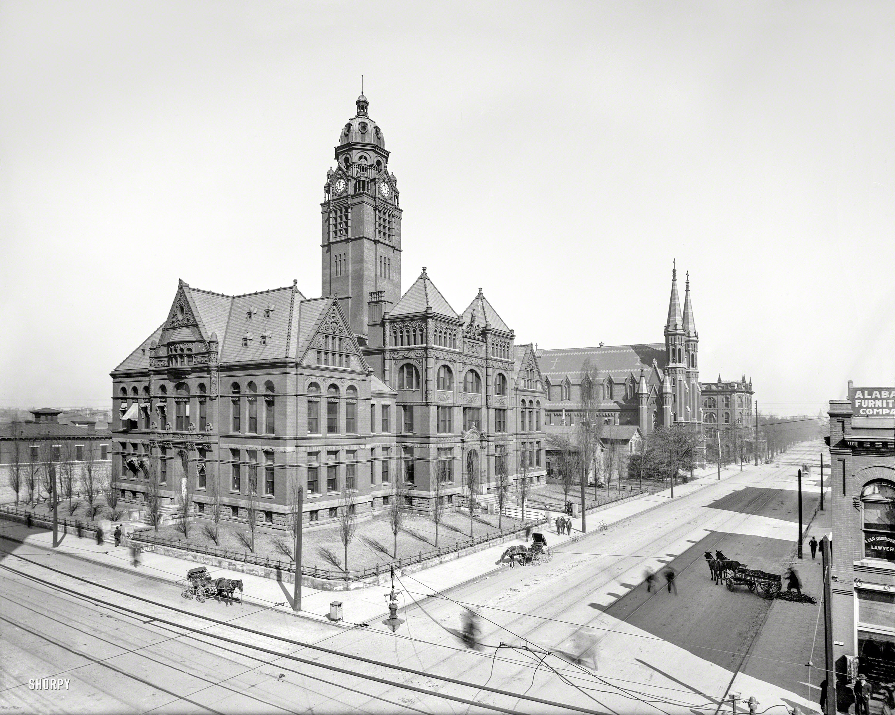 1906. "Birmingham, Alabama -- Jefferson County Courthouse and St. Paul's Church." 8x10 inch glass negative, Detroit Publishing Company. View full size.