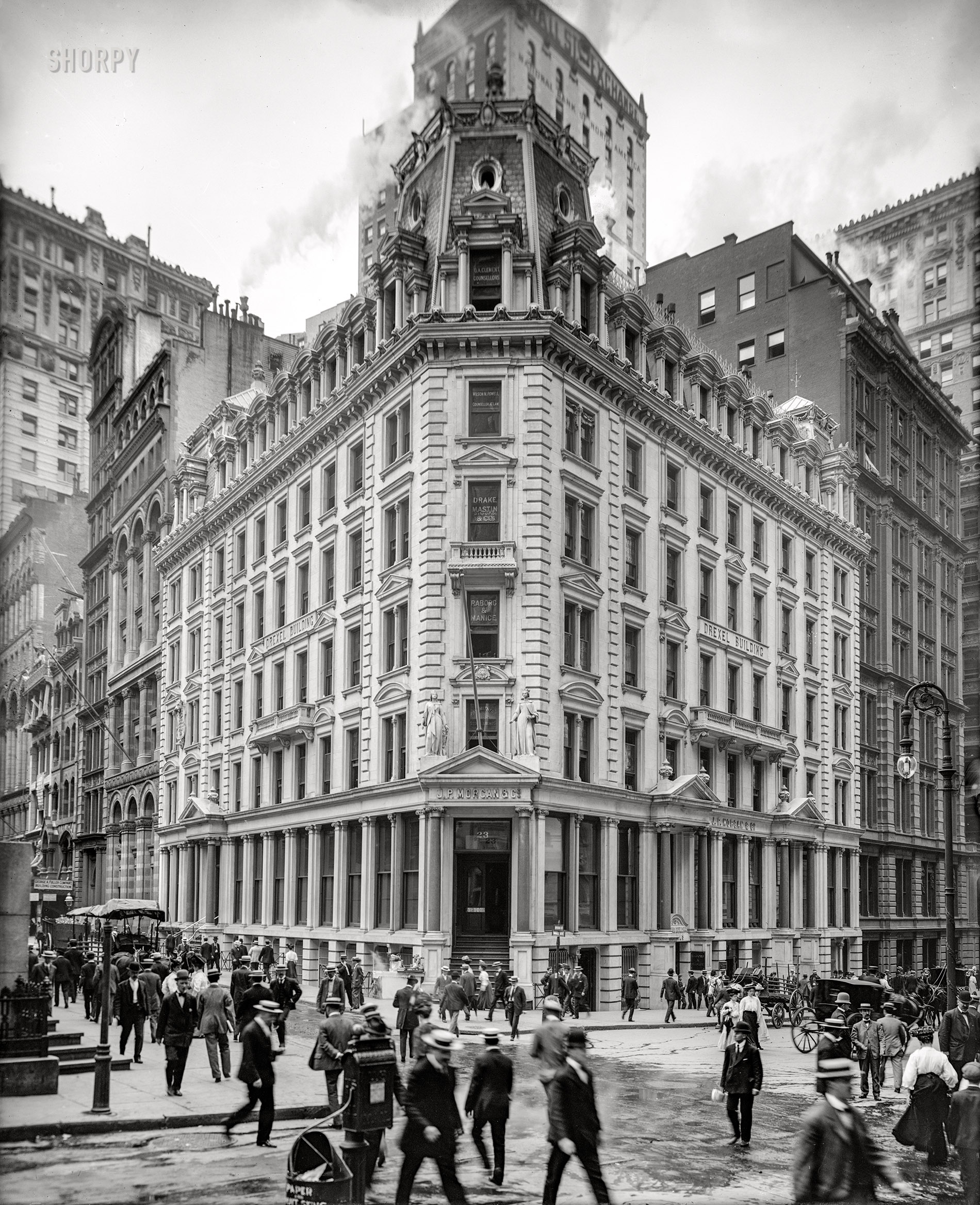 New York circa 1906. "Drexel Building -- Offices of J.P. Morgan & Co., Wall and Broad Streets." 8x10 inch dry plate glass negative, Detroit Publishing Company. View full size.