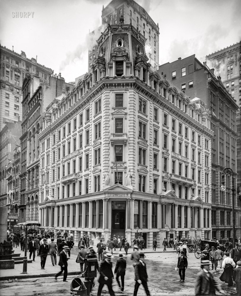 New York circa 1906. "Drexel Building -- Offices of J.P. Morgan &amp; Co., Wall and Broad Streets." 8x10 inch dry plate glass negative, Detroit Publishing Company. View full size.

