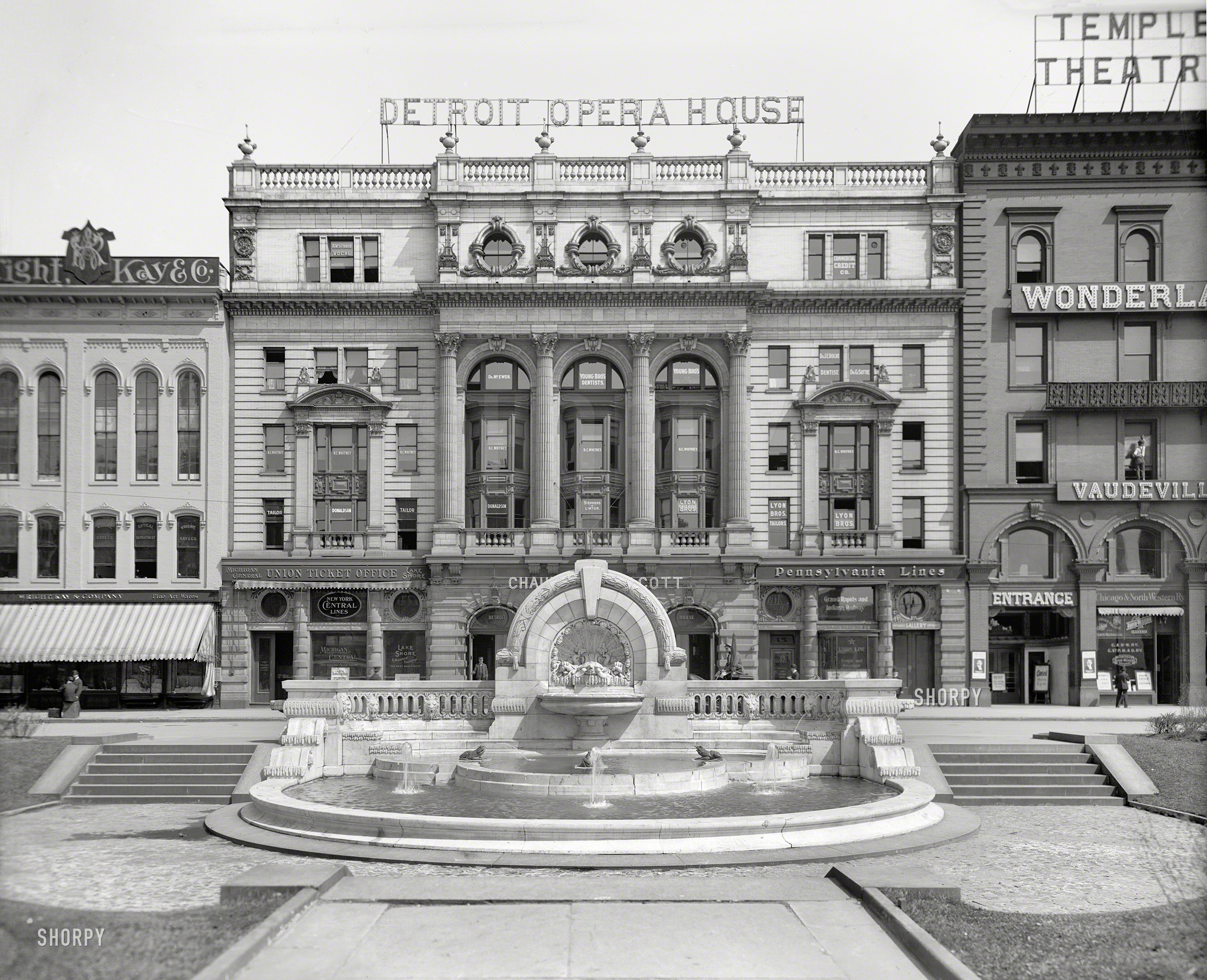 The Motor City circa 1905. "Detroit Opera House and Palmer Fountain." Also called the Merrill Fountain. 8x10 inch dry plate glass negative. View full size.
