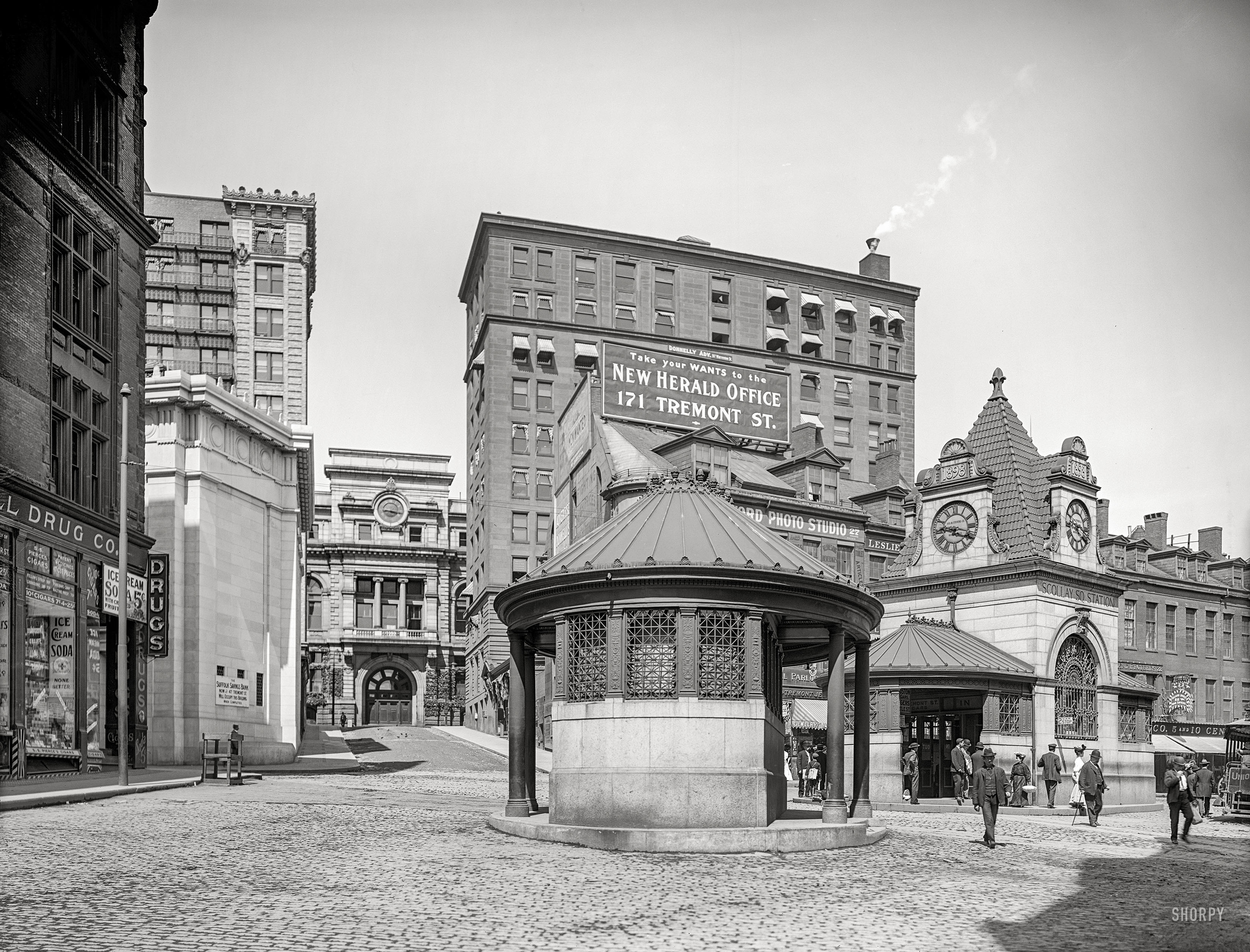 Boston circa 1905. "Scollay Square Station." Drug store sodas 5 cents -- "None Better." 8x10 inch glass negative, Detroit Publishing Company. View full size.