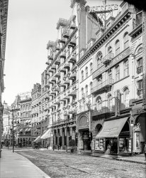 Boston's Tremont Street circa 1906. "Adams House and Keith's Theatre," noted vaudeville venue. 8x10 glass negative, Detroit Publishing Co. View full size.