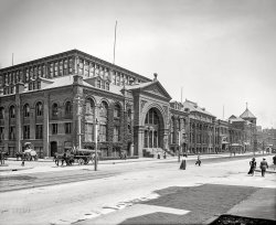 Boston circa 1906. "Mechanics Hall, Huntington Avenue." Last seen here, with less ivy. 8x10 inch dry plate glass negative, Detroit Publishing Company. View full size.
