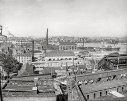 Boston, 1906. "Bird's eye view of Charlestown Navy Yard." After 175 years of military service, Boston Navy Yard (originally called Charlestown Navy Yard) was decommissioned in 1974. 8x10 inch dry plate glass negative, Detroit Publishing Company. View full size.