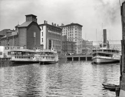 Providence, Rhode Island, circa 1906. "River steamers at Crawford Street Bridge." Today's post is brought to you by U.S. Club Ginger Ale, fine product of the Phenix Nerve Beverage Co. of Boston. 8x10 inch dry plate glass negative, Detroit Publishing Company. View full size.