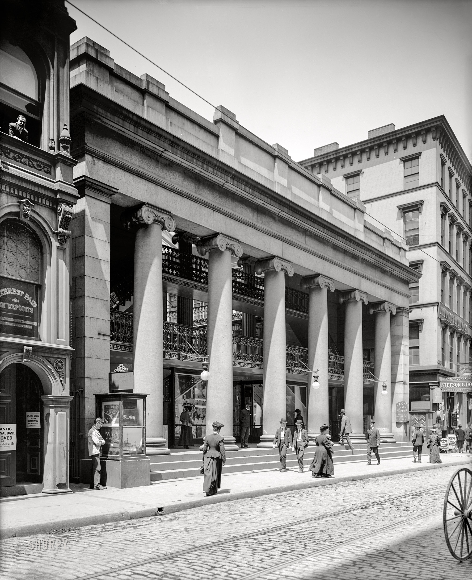 1906. "The Arcade -- Providence, Rhode Island." This 1828 Greek Revival structure, fronting on Westminster and Weybosset streets, bills itself as the first enclosed shopping mall in the United States. 8x10 inch dry plate glass negative, Detroit Publishing Company. View full size.