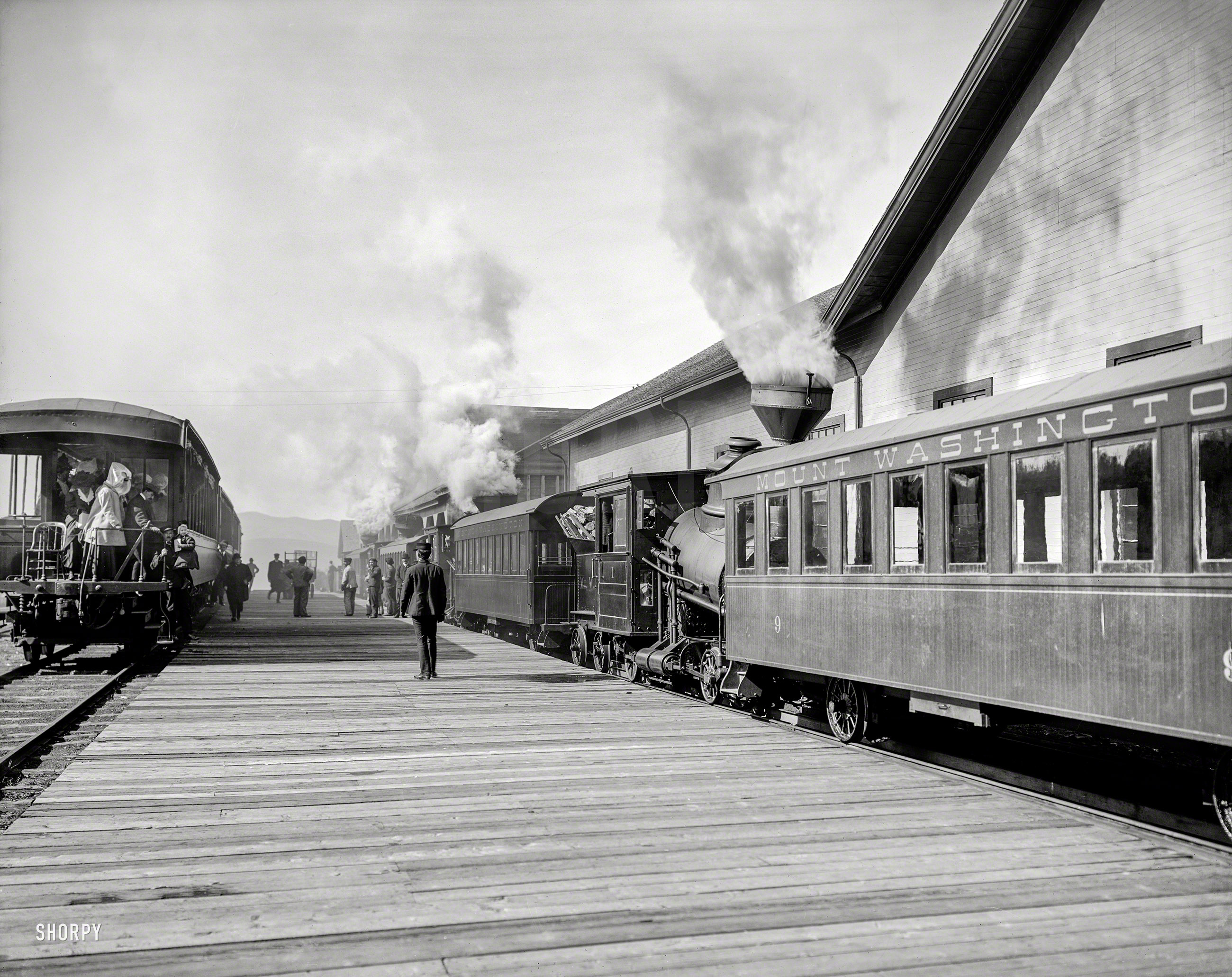 &nbsp; &nbsp; &nbsp; &nbsp; 19th-century cog railway to the highest peak in the Northeast.
New Hampshire circa 1906. "Base station, Mount Washington Railway, White Mountains." 8x10 inch dry plate glass negative. View full size.