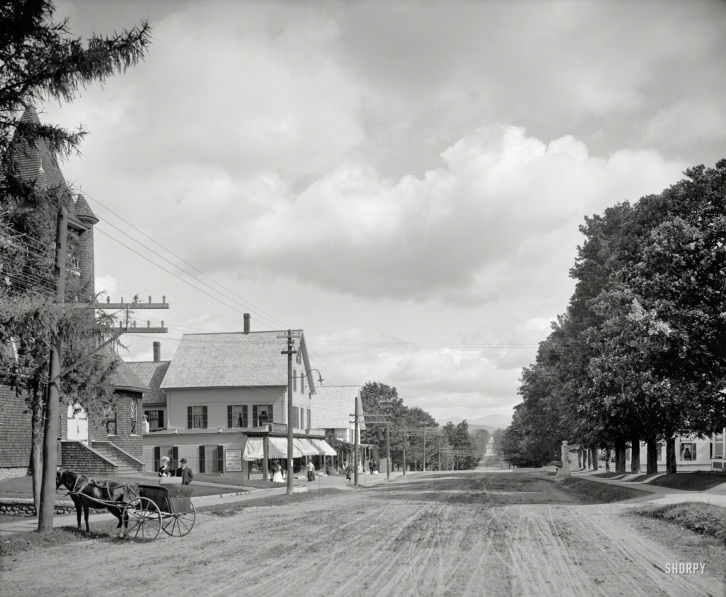Circa 1907. "Bethlehem Street looking east. Bethlehem, White Mountains, New Hampshire." Continuing our visit to the Granite State we pause at Merrow's Souvenir Store and photography studio, dealer in Views, Novelties and "Bric-Brac." 8x10 inch glass negative. View full size.