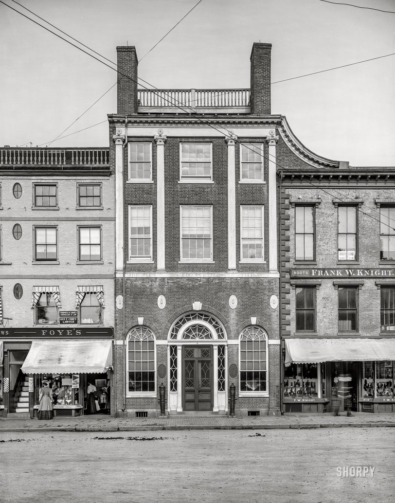 Circa 1907. "Athenaeum -- Portsmouth, New Hampshire." Next door to Foye's and its 1,000 Palms. 8x10 inch dry plate glass negative, Detroit Publishing Company. View full size.
