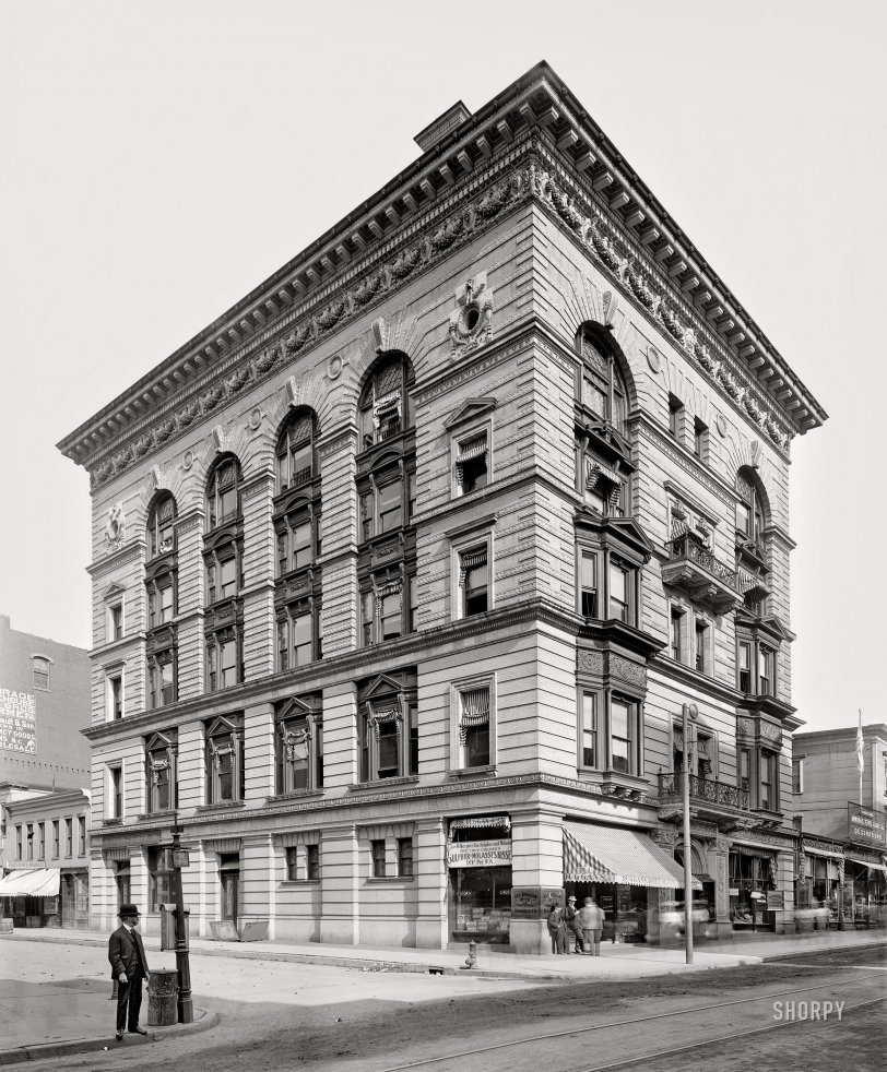 Hartford, Connecticut, 1907. "Hartford Life Insurance Co." Home to Duggan &amp; Co. Druggists, purveyors of Moxie, and Sulphur &amp; Molasses Kisses. 8x10 inch glass negative. View full size.

