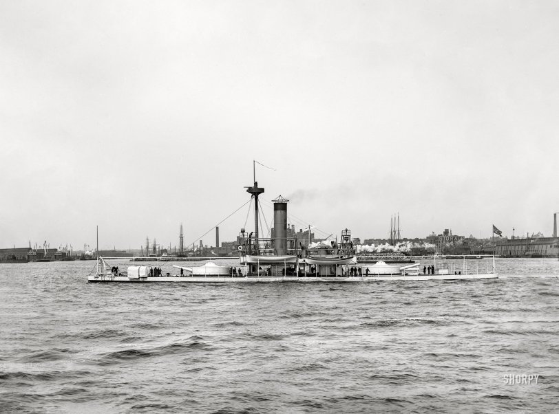 The Hudson River, 1892. "U.S. double turret monitor Miantonomoh." Named after the Narragansett chief. 8x10 inch dry plate glass negative by Edward H. Hart. View full size.
