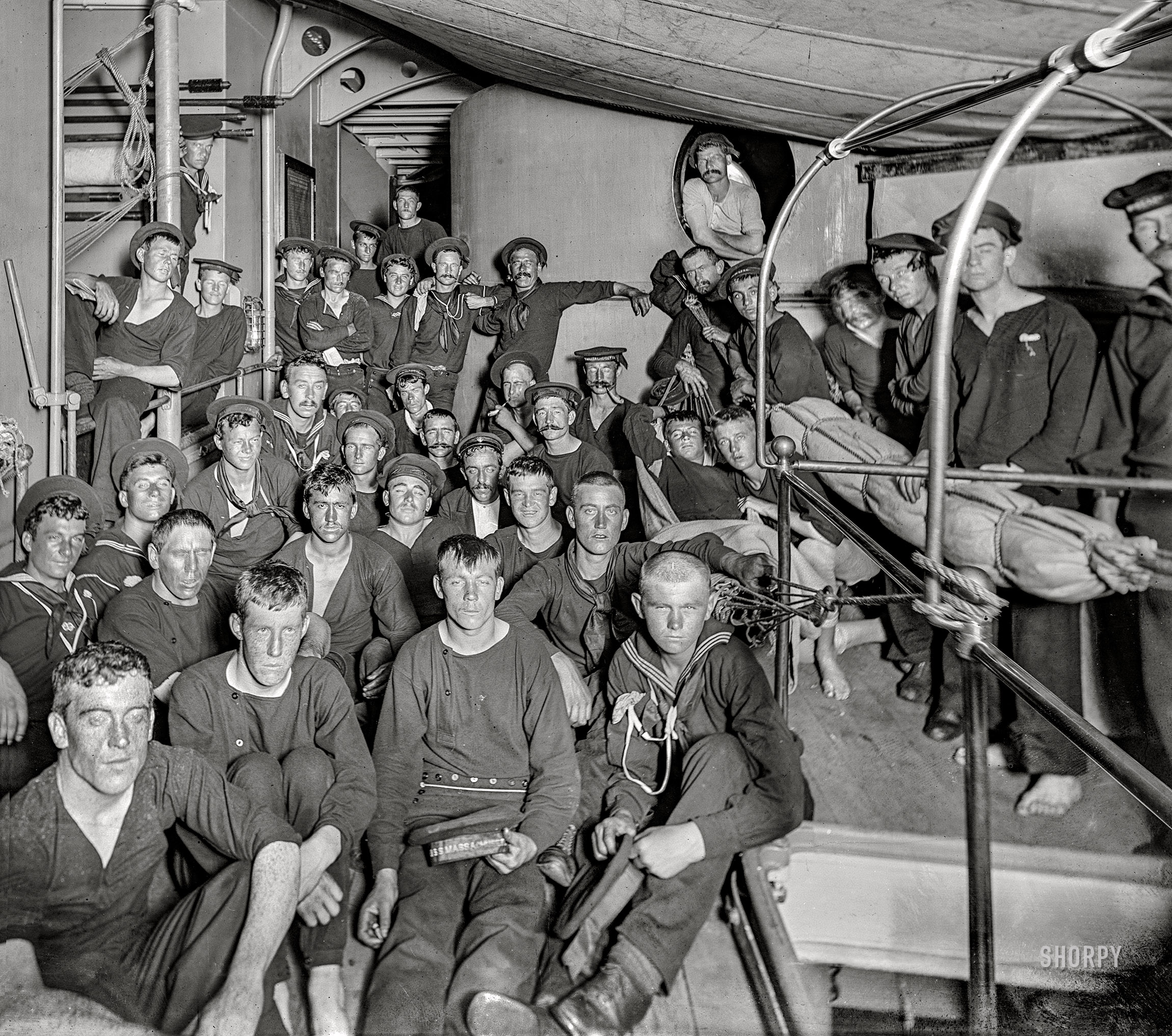 Aboard the U.S.S. Massachusetts circa 1899. "Ready to turn in." 8x10 inch dry plate glass negative by Edward H. Hart for the Detroit Photographic Company. View full size.