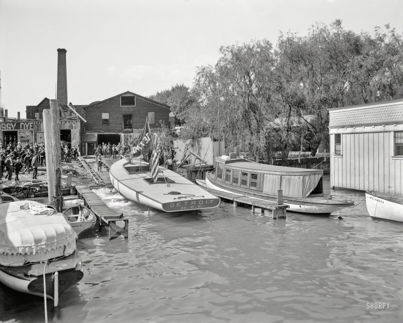 Circa 1905. "Launching of the Detroit (Detroit Yacht Club)." 8x10 inch glass negative by Lycurgus S. Glover, Detroit Publishing Co. View full size.
