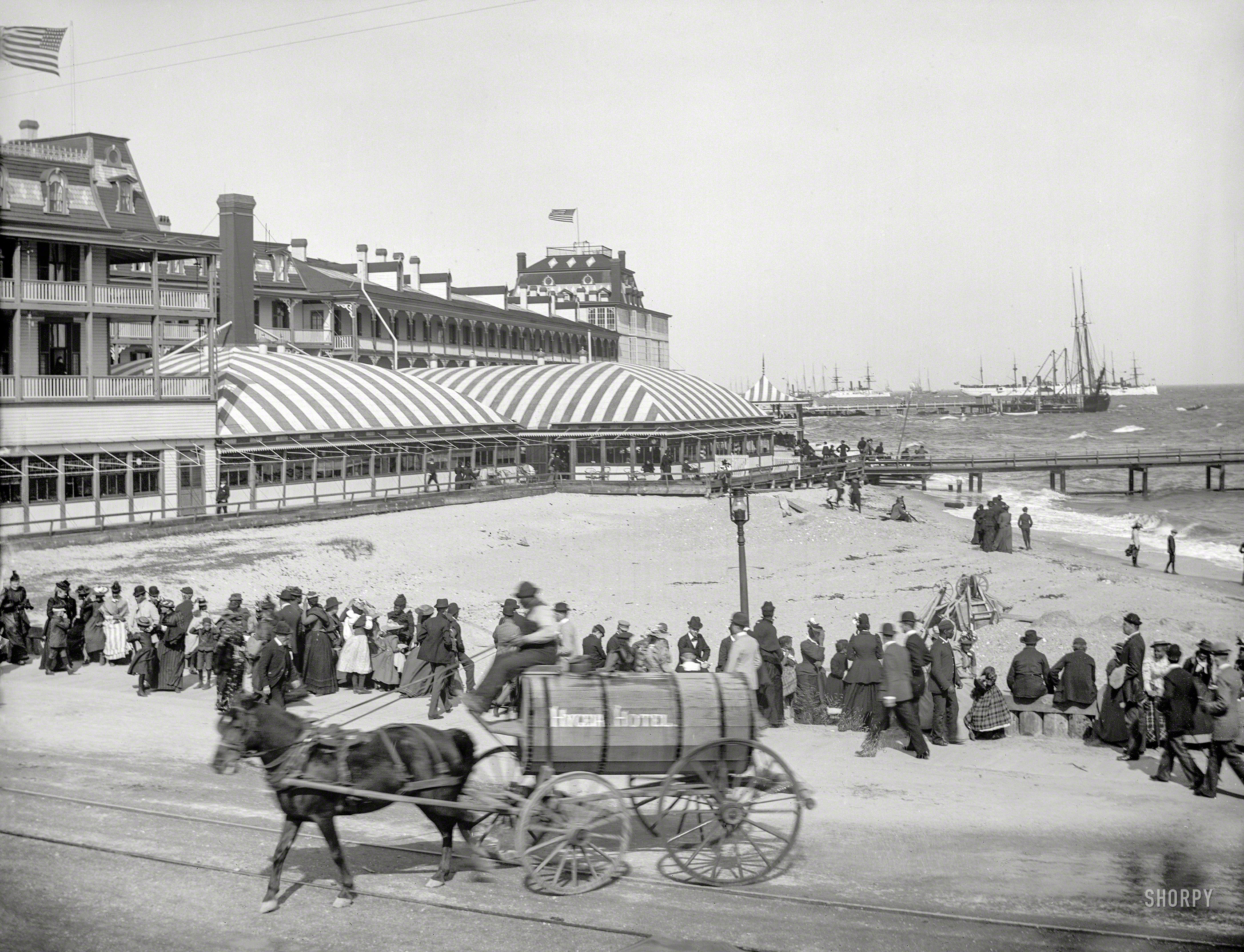 Hampton Roads, Virginia, circa 1895. "Boat landing at Old Point Comfort and Hygeia Hotel." 8x10 inch dry plate glass negative. View full size.