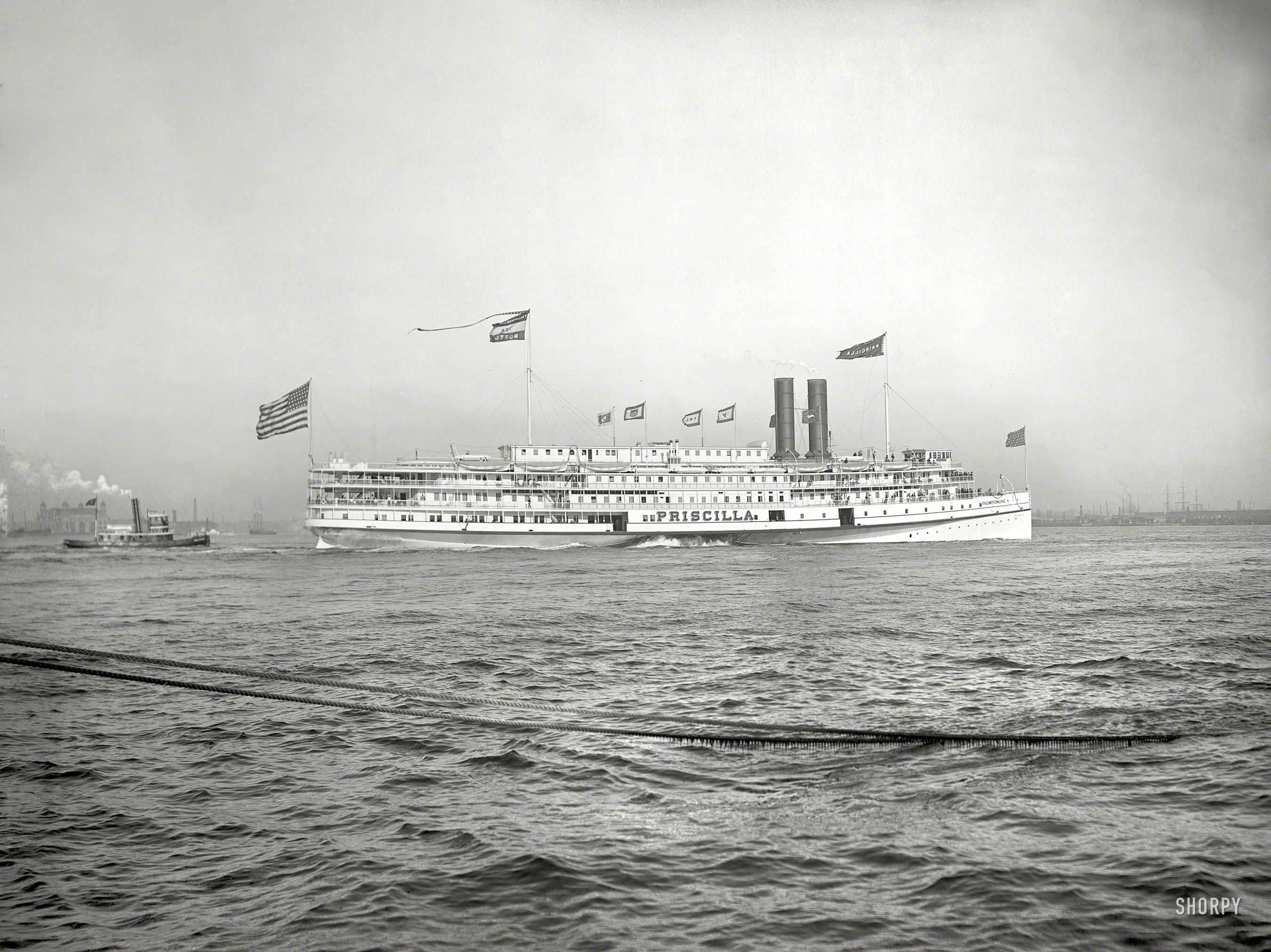 1901. "Steamer Priscilla, Fall River Line." A the time of its launch in 1894, the 1,500-passenger Priscilla was the largest sidewheeler afloat. 8x10 inch dry plate glass negative, Detroit Photographic Company. View full size.