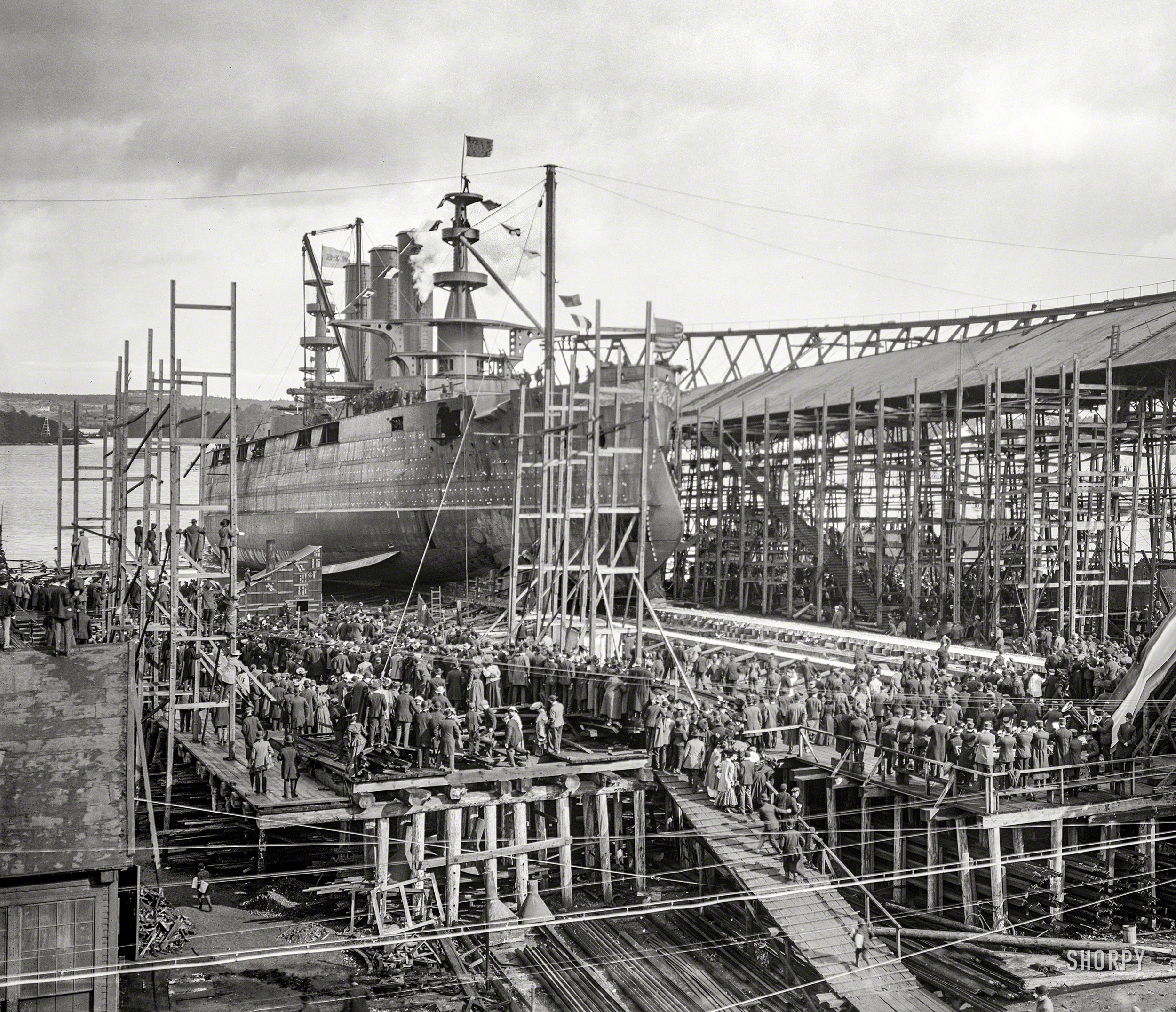 October 11, 1904. Bath, Maine. "Launch of the battleship U.S.S. Georgia at Bath Iron Works." 8x10 inch dry plate glass negative. View full size.