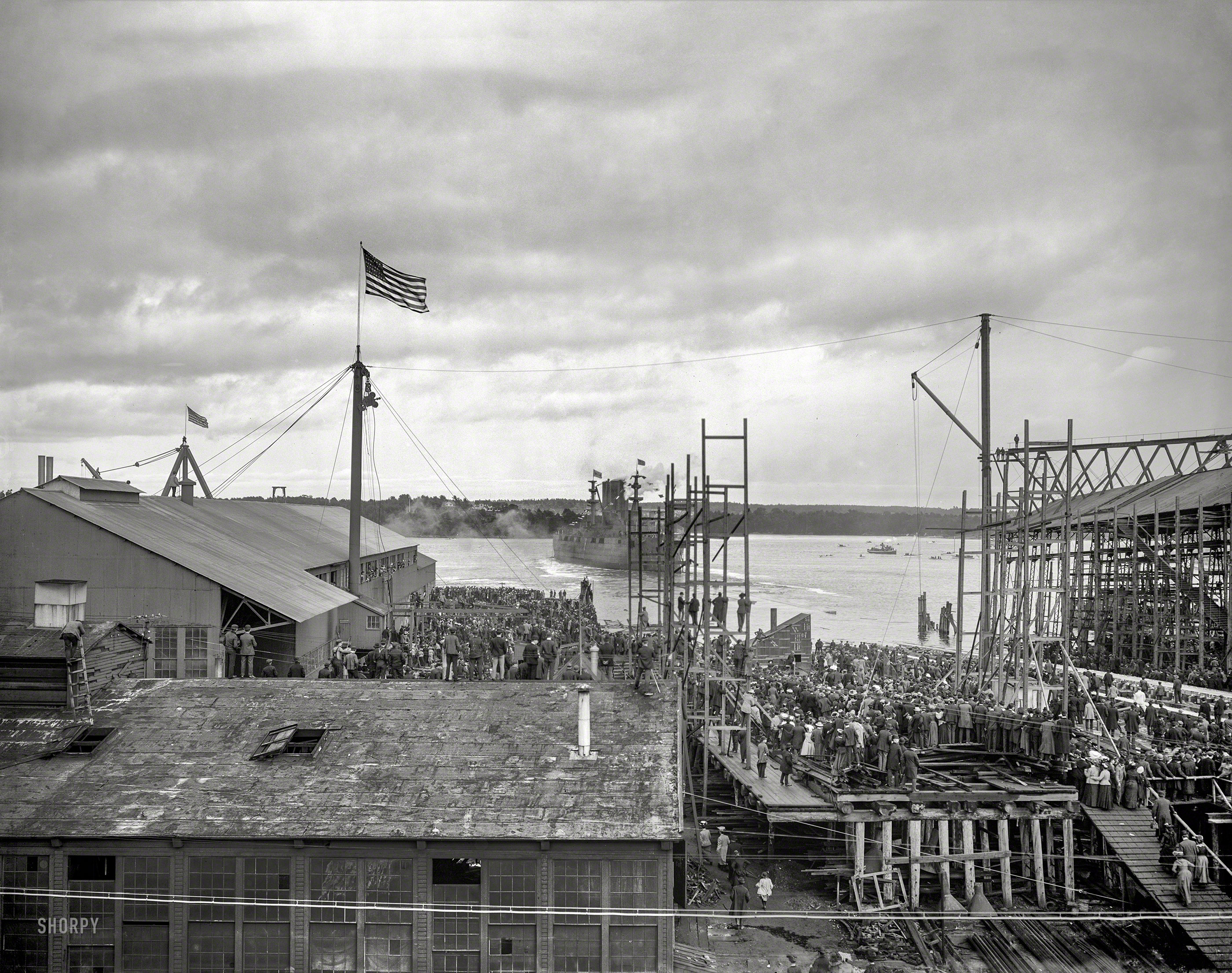 October 11, 1904. Bath, Maine. "In the stream -- launch of the U.S.S. Georgia at Bath Iron Works." 8x10 inch dry plate glass negative. View full size.