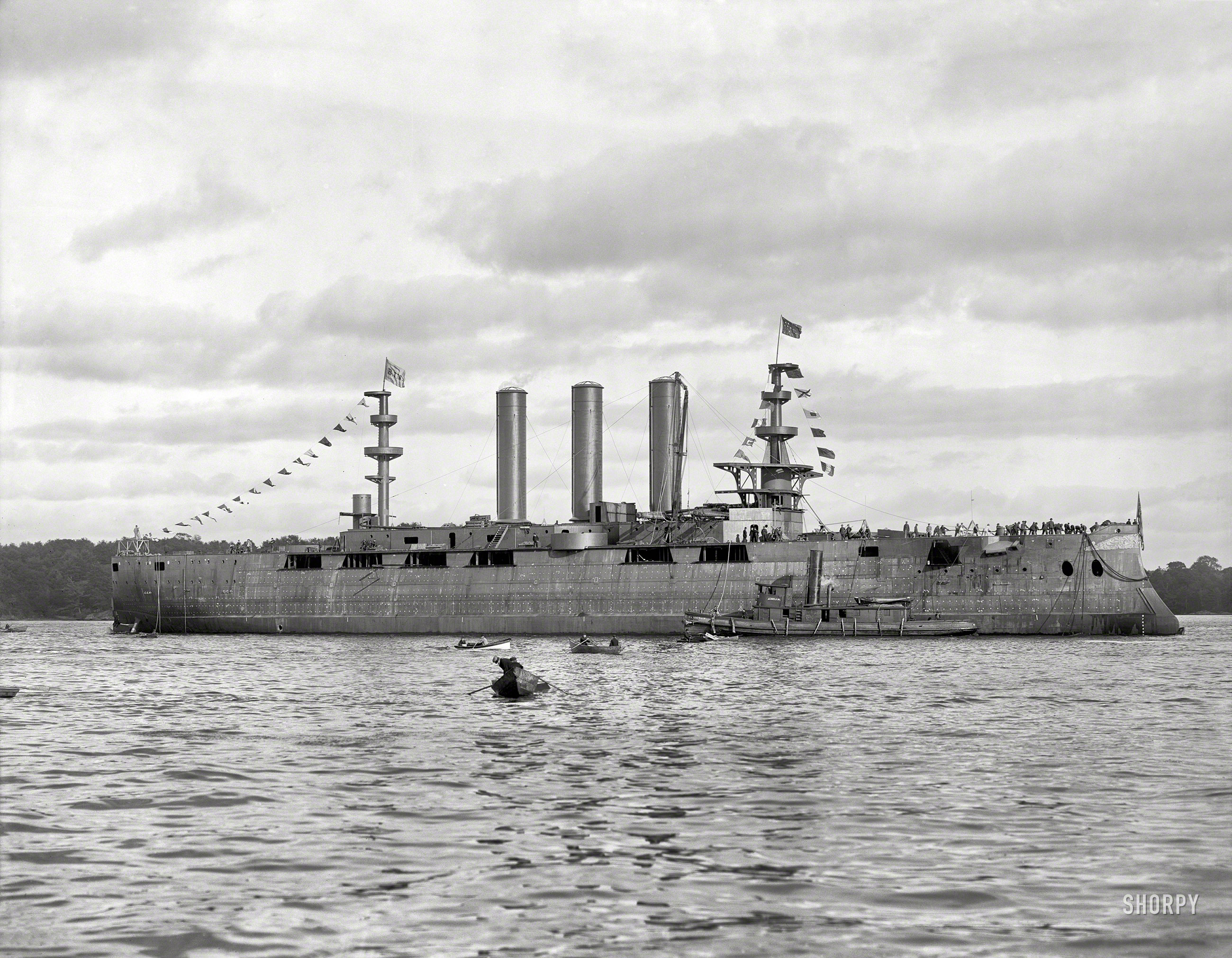 October 1904. "After the launch -- U.S.S. Georgia at Bath, Maine." 8x10 inch dry plate glass negative, Detroit Photographic Company. View full size.