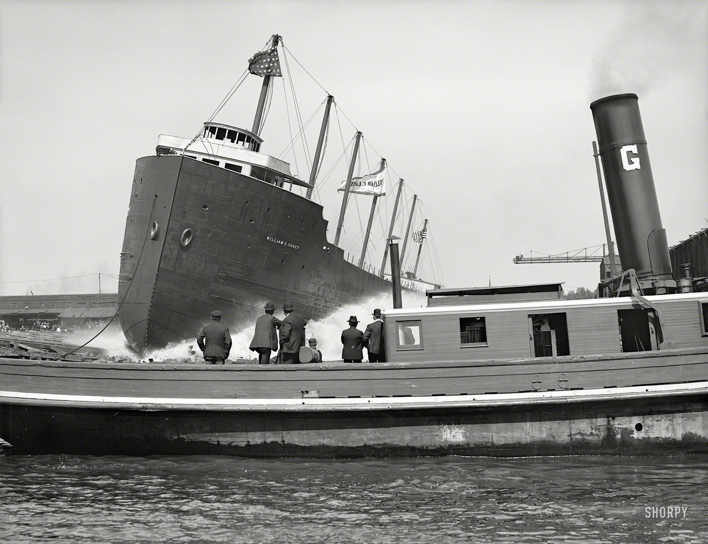 June 24, 1905. "Steamer William E. Corey, the launch, South Chicago, Ill." Seen earlier here and here. 8x10 inch dry plate glass negative. View full size.