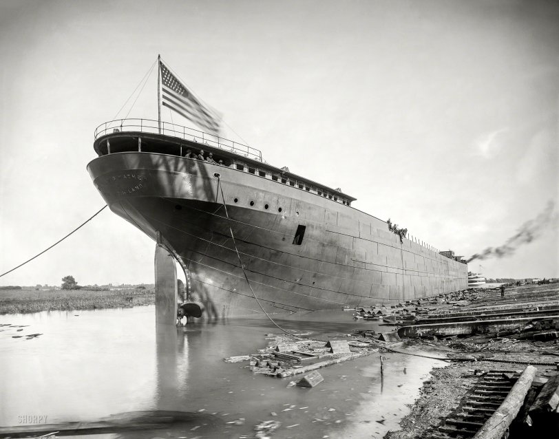 Ecorse, Michigan, 1905. "S.S. William G. Mather, stern view after the launch." 8x10 inch dry plate glass negative, Detroit Publishing Company. View full size.